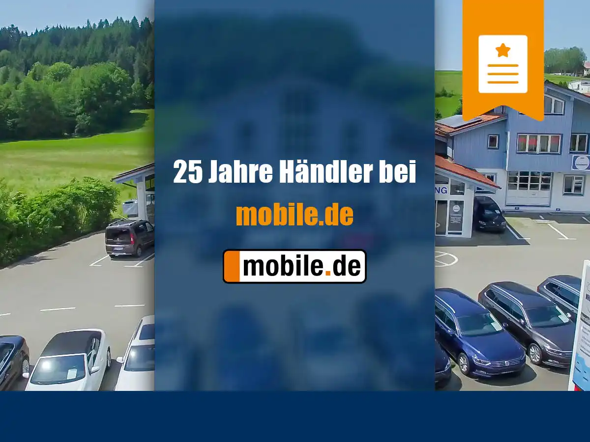 zu sehen ist das Auto Niedermayer Gebäude und Text: 25 Jahre Händler bei mobile.de